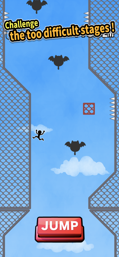 Wall Jump - Personagem stickman pulando entre paredes com obstáculos e um grande botão de salto vermelho no jogo mobile Wall Jump.