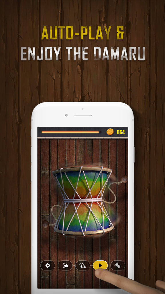 Damaru - Origin Of Music - Captura de tela do aplicativo de música Damaru mostrando o recurso de reprodução automática com um tambor tradicional colorido em um fundo de madeira