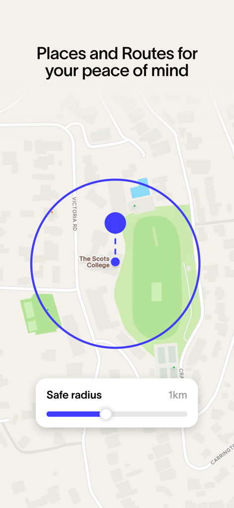 Spacetalk app interface showing a one kilometer safe radius geofence circle around a school on a map