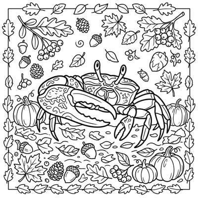 Explore the vibrant colors of autumn with our playful Fiddler Crab coloring page, designed especially for kids. This charming scene is filled with crunchy leaves, plump pumpkins, and happy acorns, ready for little artists to bring to life.