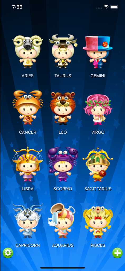 Horoscope HD+ - Main menu of Horoscope HD plus showing twelve zodiac signs represented by cute cartoon characters on a blue star background