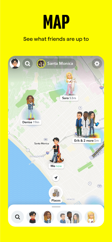 Snapchat Snap Map mostrando locais de amigos em tempo real com avatares Bitmoji