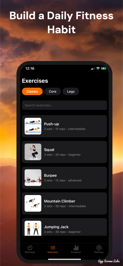 7-Minute Workout by ExpressFit - Interfaz de la aplicación móvil de ExpressFit que muestra una lista de ejercicios con peso corporal como flexiones y sentadillas en modo oscuro.
