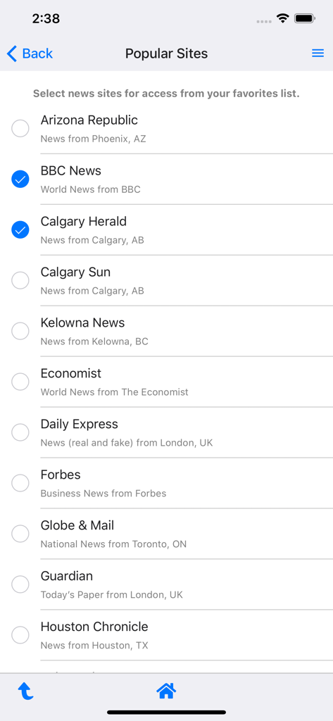 Selection screen in the Online News app showing a list of popular news sites to add to favorites.