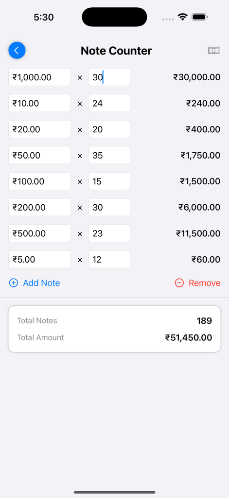 Loan Calc: Easy EMI Calculator - Note Counter screen showing currency denomination totals and a final sum