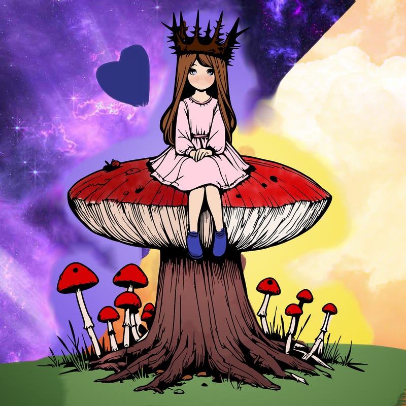realistic girl sitting on a huge tree stump size toadstool with thorn crown