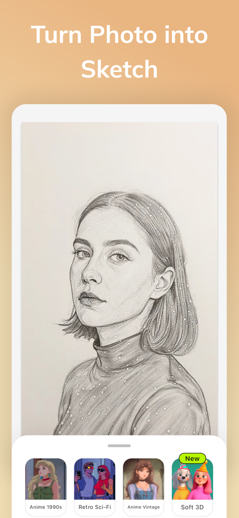 AI Gahaku app turning a portrait photo into a realistic pencil sketch
