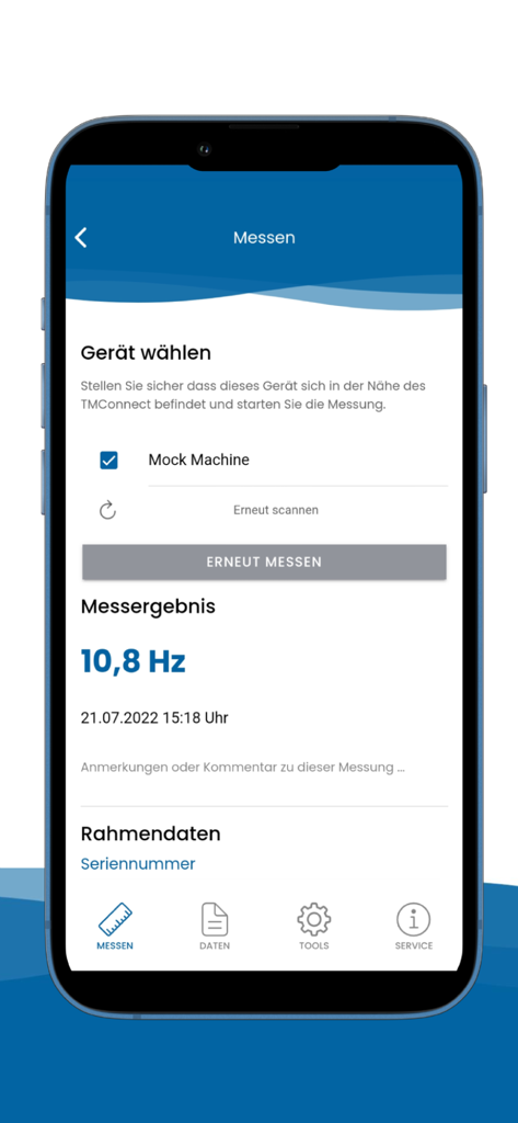 TMconnect - TMconnect app displaying a belt tension measurement result of 10.8 Hz