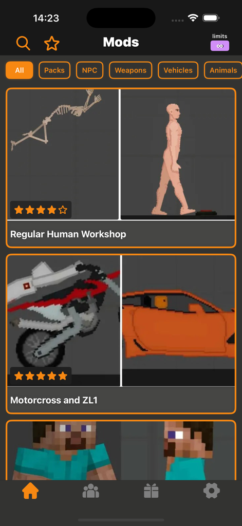 Fruit Mods for Fruit PG! - App screen showing a library of mods including human characters and vehicles for Fruit Playground.