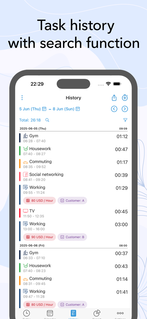 A detailed task history log in the ATracker app showing various daily activities and a search function.