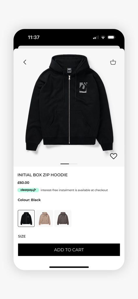 Sidemen Clothing - Mobile App-Bildschirm, der einen schwarzen Sidemen Initial Box Zip Hoodie mit Preis und Warenkorb-Button zeigt.