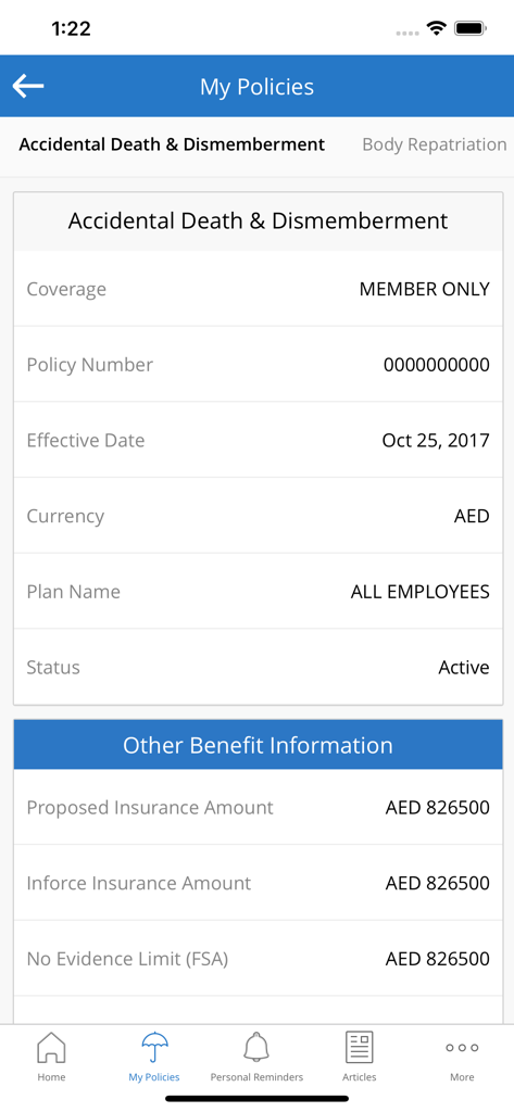 Vue détaillée d'une police d'assurance active contre le décès accidentel et le démembrement dans l'application myMetLife Gulf.