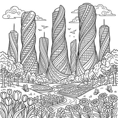 Immerse yourself in a captivating world where innovative architecture meets the splendor of spring. This unique coloring page features striking twisted skyscrapers surrounded by a blossoming natural landscape, offering a delightful challenge for colorists.