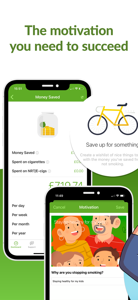 Smoke Free app interface showing money saved tracking toward a bicycle goal and a personal motivation screen for staying healthy for family.