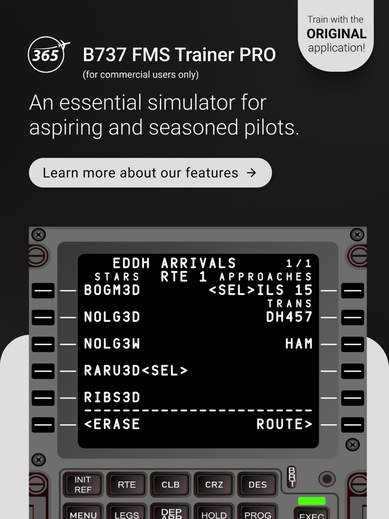Interfaz de B737 FMS Trainer PRO que muestra una pantalla realista de CDU del Sistema de Gestión de Vuelo para pilotos profesionales.