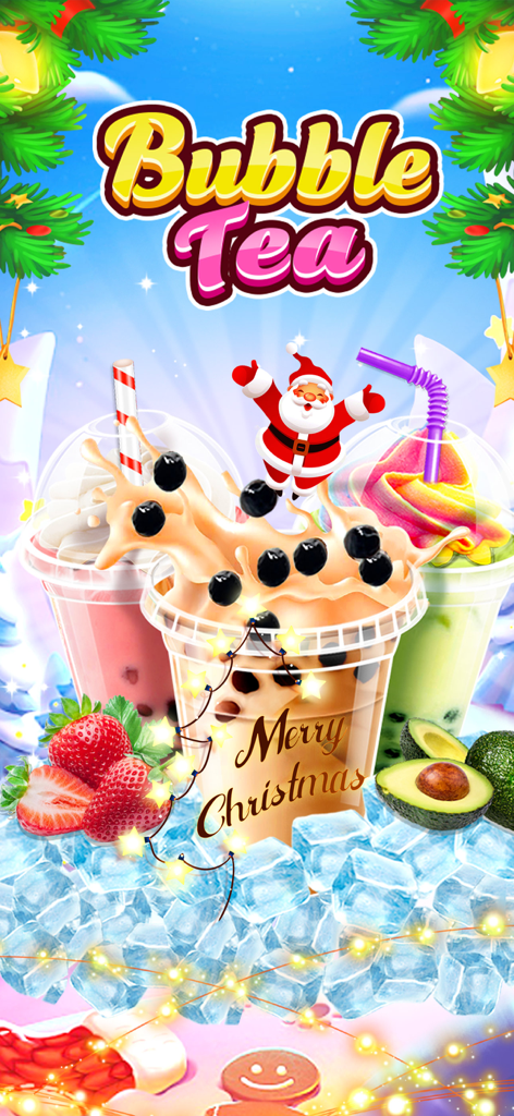 Festiva pantalla temática navideña del juego Bubble Tea con Santa Claus y bebidas heladas.
