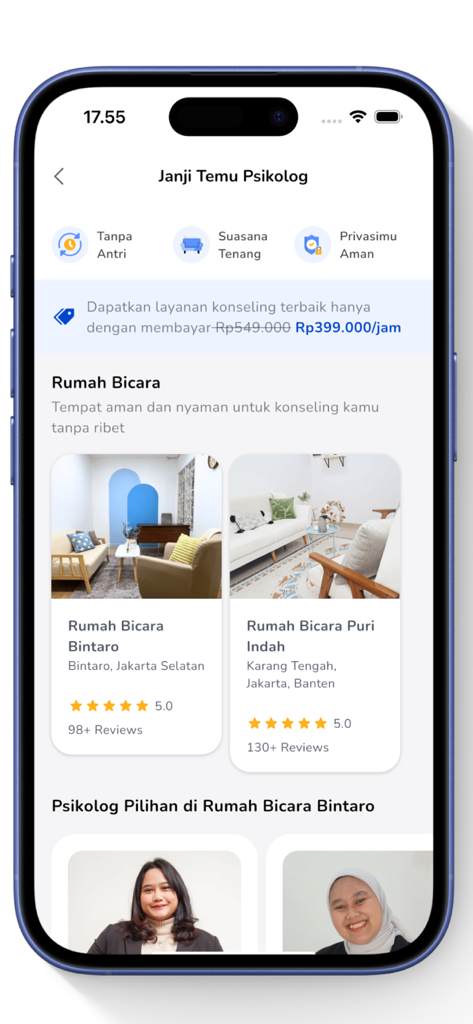 Bicarakan - Psikolog Indonesia - Interfaz de aplicación móvil para reservar citas con psicólogos indonesios que muestra perfiles de terapeutas y precios.