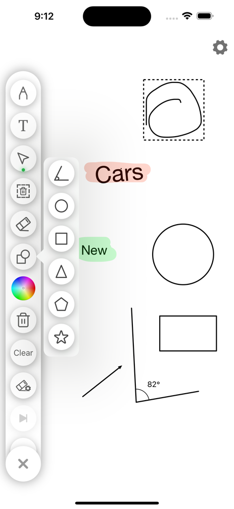 Virtual Whiteboard - Interface do aplicativo Quadro Branco Virtual mostrando ferramentas de desenho, formas e anotações de texto em uma tela branca