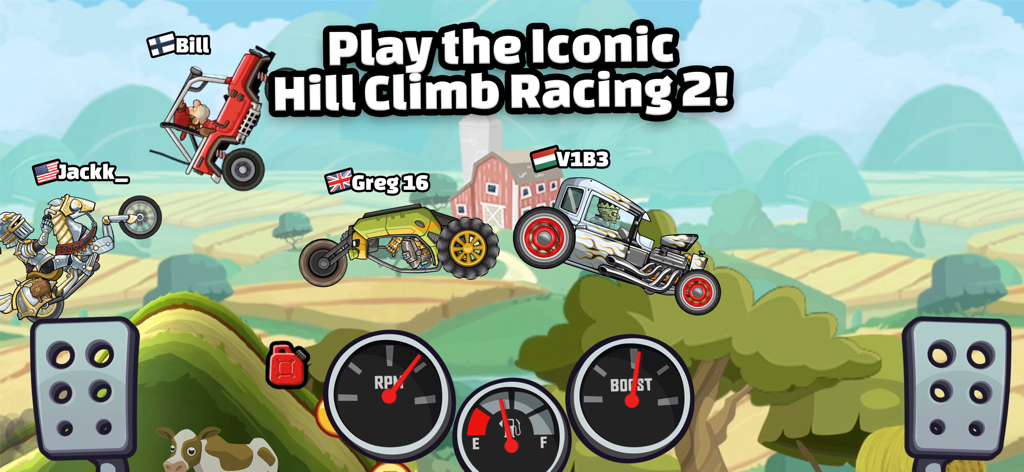 Hill Climb Racing 2 Multiplayer-Gameplay zeigt verschiedene individuell angepasste Fahrzeuge, die auf einer hügeligen Strecke in ländlicher Umgebung fahren