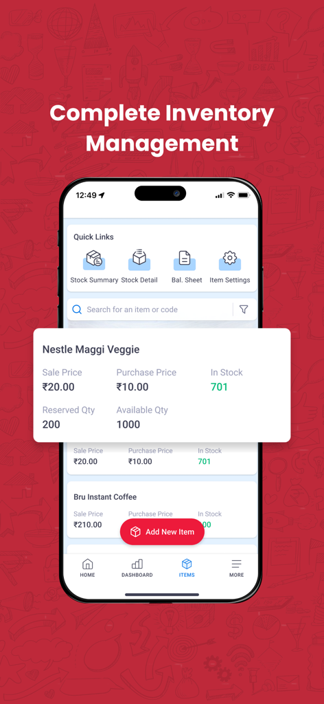Vyapar - Billing & Accounting - Interfaccia mobile dell'app Vyapar che mostra una gestione completa dell'inventario con livelli di scorte e dettagli sui prezzi