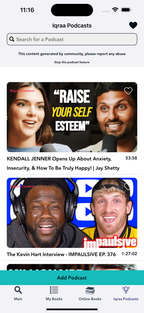 A mobile screen from the Books Guru app displaying a podcast section with popular interviews and a search bar.