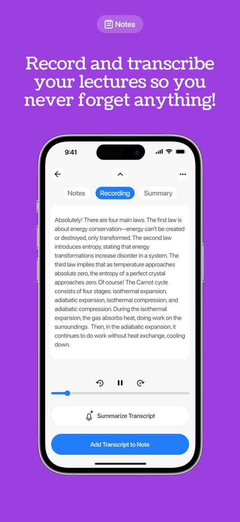 Shepherd: AI study co-pilot - Smartphone screen showing the Shepherd app recording and transcribing a lecture with options to summarize and add to notes.