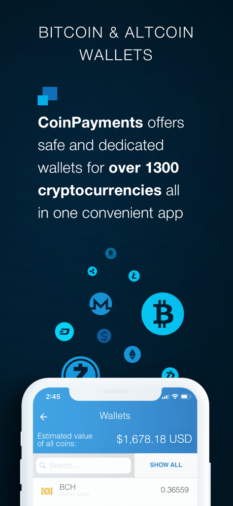 CoinPayments - Crypto Wallet - Mobile interface of the CoinPayments app showing Bitcoin and altcoin wallets with an estimated total balance in USD.