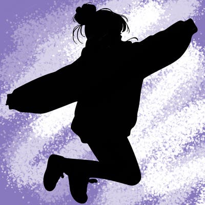 realistic girl jumping with a bun and oversized sweatshirt