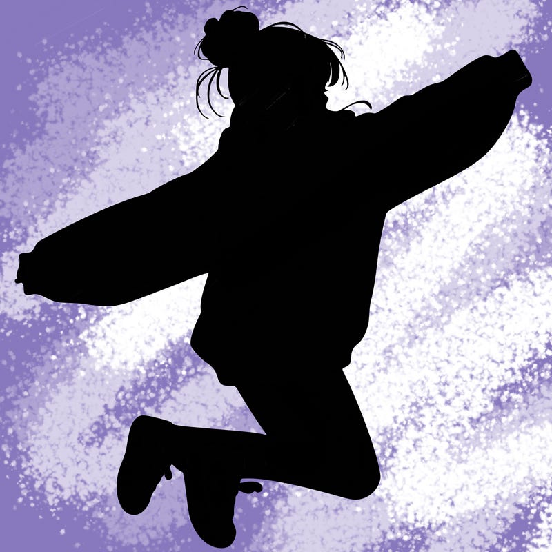 realistic girl jumping with a bun and oversized sweatshirt