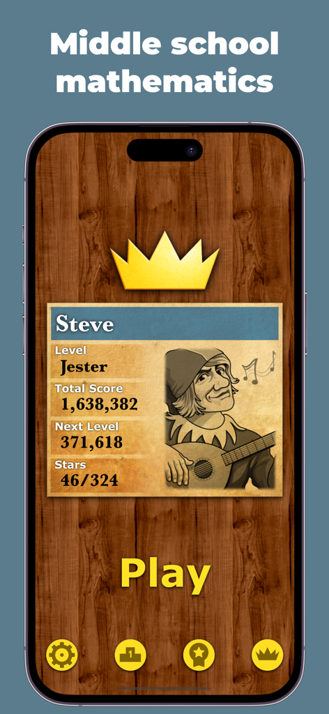 Pantalla de perfil de personaje en la aplicación King of Math que muestra un nivel de bufón con puntuaciones y estrellas