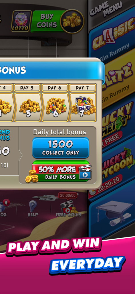 Daily bonus screen in Gin Rummy Plus showing coin rewards and login streaks for players