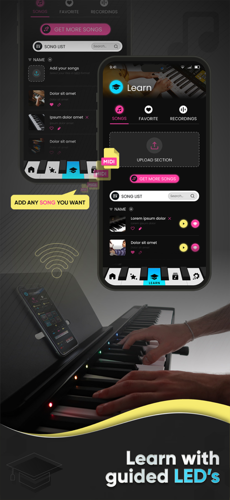 Interface of the Piano LED App showing how to upload MIDI songs and learn piano with guided LED lights on the keys