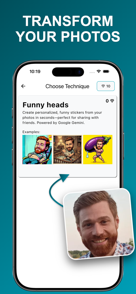 Sticker AI: Generate Anything - Sticker AI app interface showing the Funny heads feature which turns a smiling man's photo into creative and humorous stickers