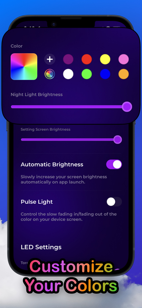 Night Light Ai Lite Nightlight - Pantalla de smartphone que muestra la configuración de personalización de color y brillo para la aplicación Luz Nocturna.