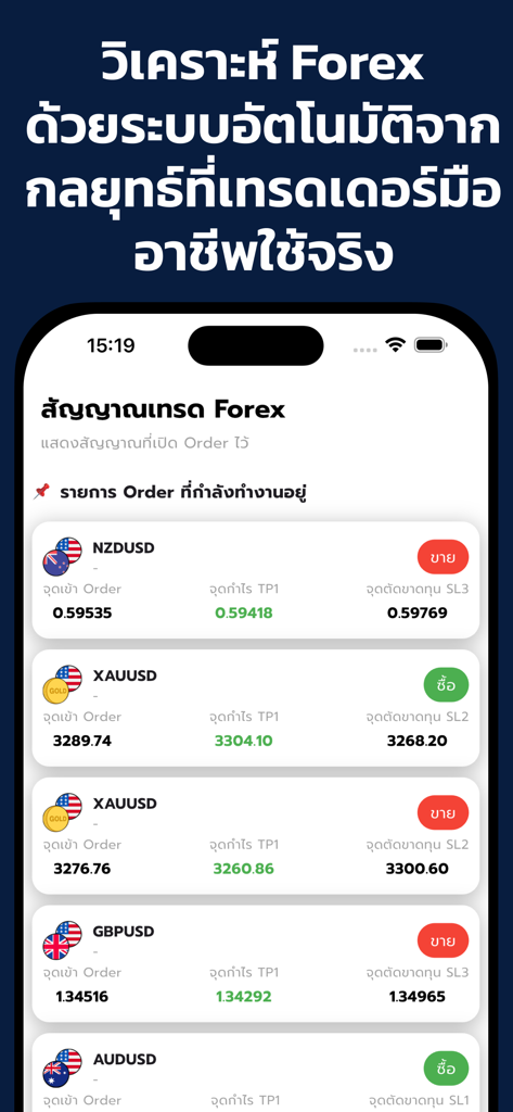 Interfaz de la aplicación de señales de trading Forex que muestra órdenes activas para pares de divisas