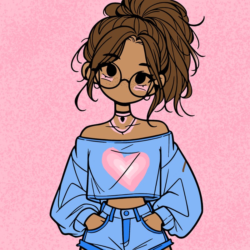 girl with a messy ponytail glasses a baggy crop top and jean shorts