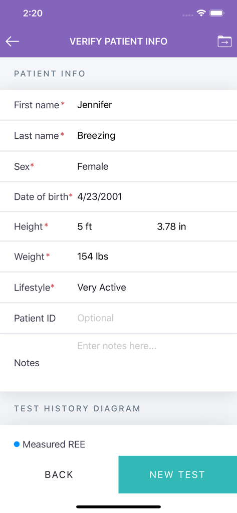 Breezing Pro - Patient information verification screen in the Breezing Pro app showing details like height weight and lifestyle
