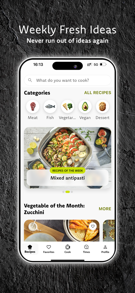 AbyAMC Cook & Go - AbyAMC Cook and Go mobile app home screen showing recipe categories like meat fish and vegan with a featured mixed antipasti recipe