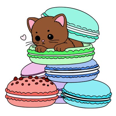 a kitten popping out of a stack of pastel macarons