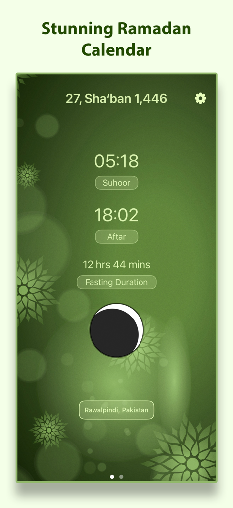 Interface do aplicativo Calendário do Ramadã mostrando os horários de Suhoor e Iftar com a duração do jejum