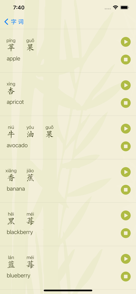 Learn Daily Chinese - Mandarin Chinese vocabulary list for fruits with Pinyin and audio buttons