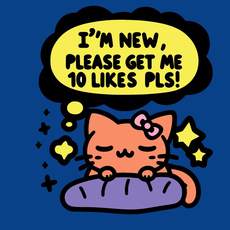 kitty taking a nap dream talking and saying "i'm new, please get me at least 10 likes pls!!"