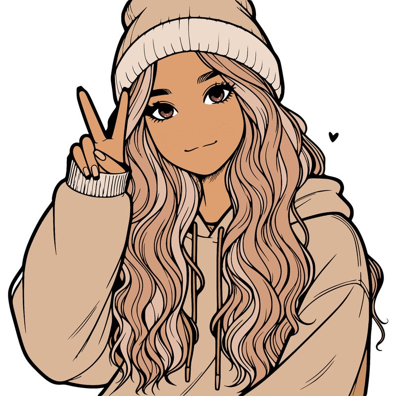 a teenage girl in a beanie, oversized sweatshirt, wavy long hair, and is showing a ✌️