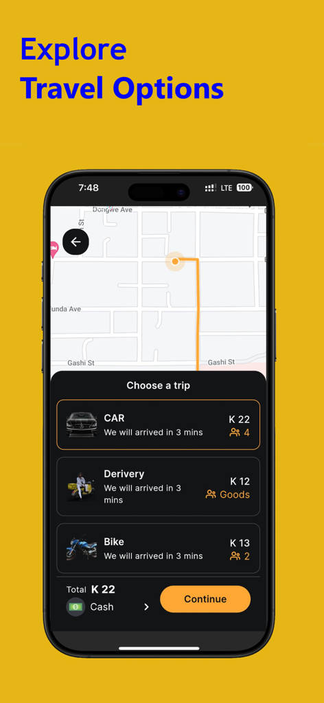 Bert Ride - Pantalla de la app Bert Ride mostrando opciones de viaje que incluyen coche, entrega y bicicleta con precios claros y tiempos estimados de llegada.
