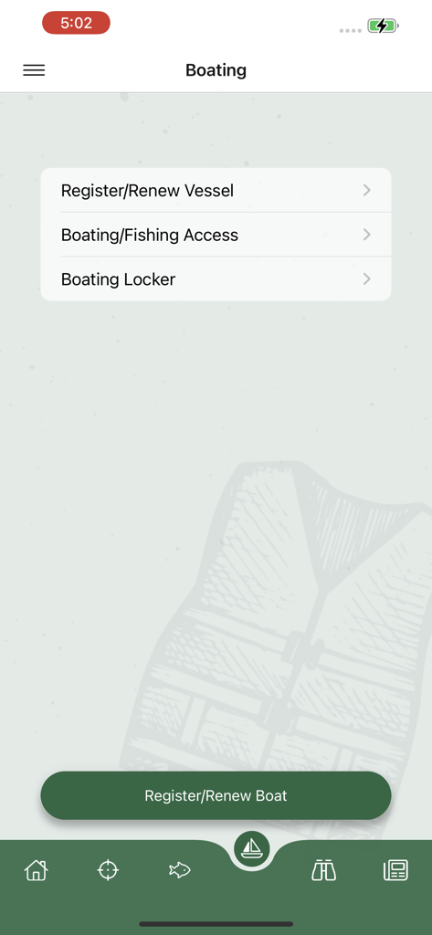 TWRA On the Go - TWRA On the Go app boating menu showing vessel registration and boating access options