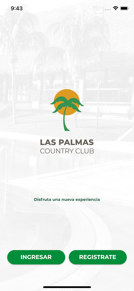 Las Palmas Country Club - Welcome screen of the Las Palmas Country Club mobile app featuring the club logo and login and registration buttons.