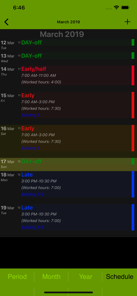FlexR (Shift planner) - Die Schichtoberfläche der FlexR-App zeigt farbcodierte Arbeitsschichten an, einschließlich Früh-, Spät- und Frei-Tagen