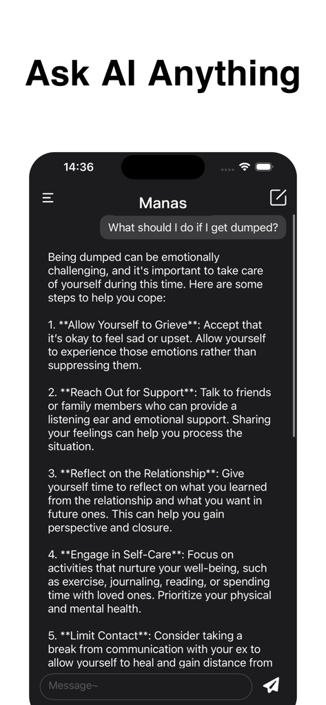 Interface de chat do aplicativo AIAgent mostrando uma conversa onde a IA fornece conselhos e apoio pessoal detalhados