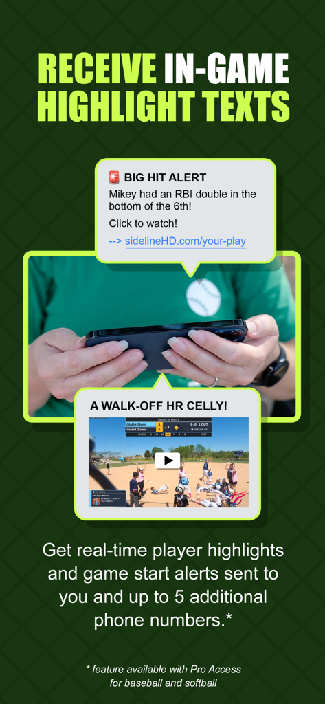 sidelineHD - Uno schermo mobile che mostra notifiche e avvisi di highlight di partite sportive giovanili in tempo reale.