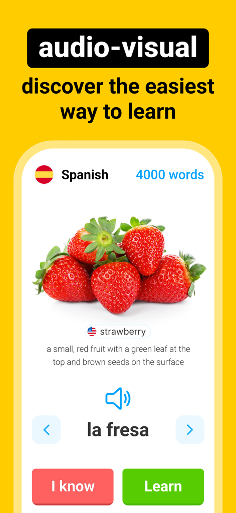Vocabulary learning app Blarma - Blarma 앱 스페인어 수업 스크린샷은 이미지와 오디오 아이콘이 있는 딸기 단어에 대한 것입니다.